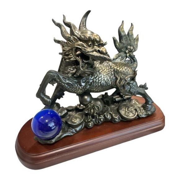 Polyresin Pixiu Dragon with Sword on Wood Stand in Box - Picture 9 of 10